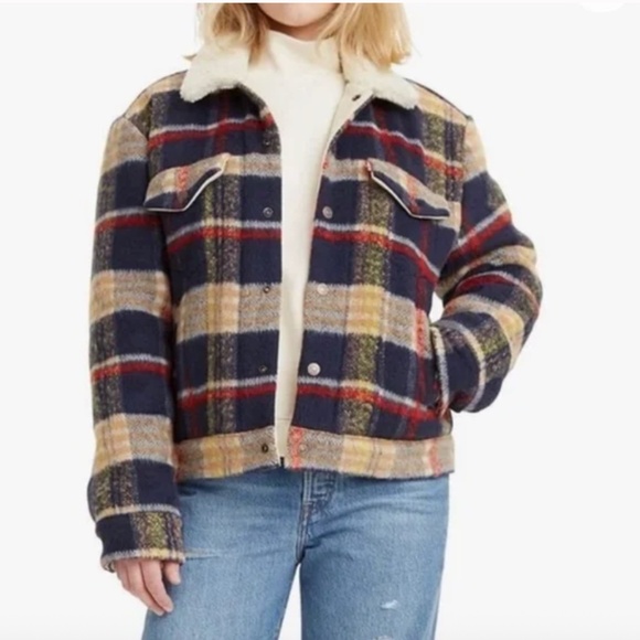 Levi's Premium Wool Blend Sherpa Trim Plaid Trucker Jacket Sz M - Picture 1 of 8